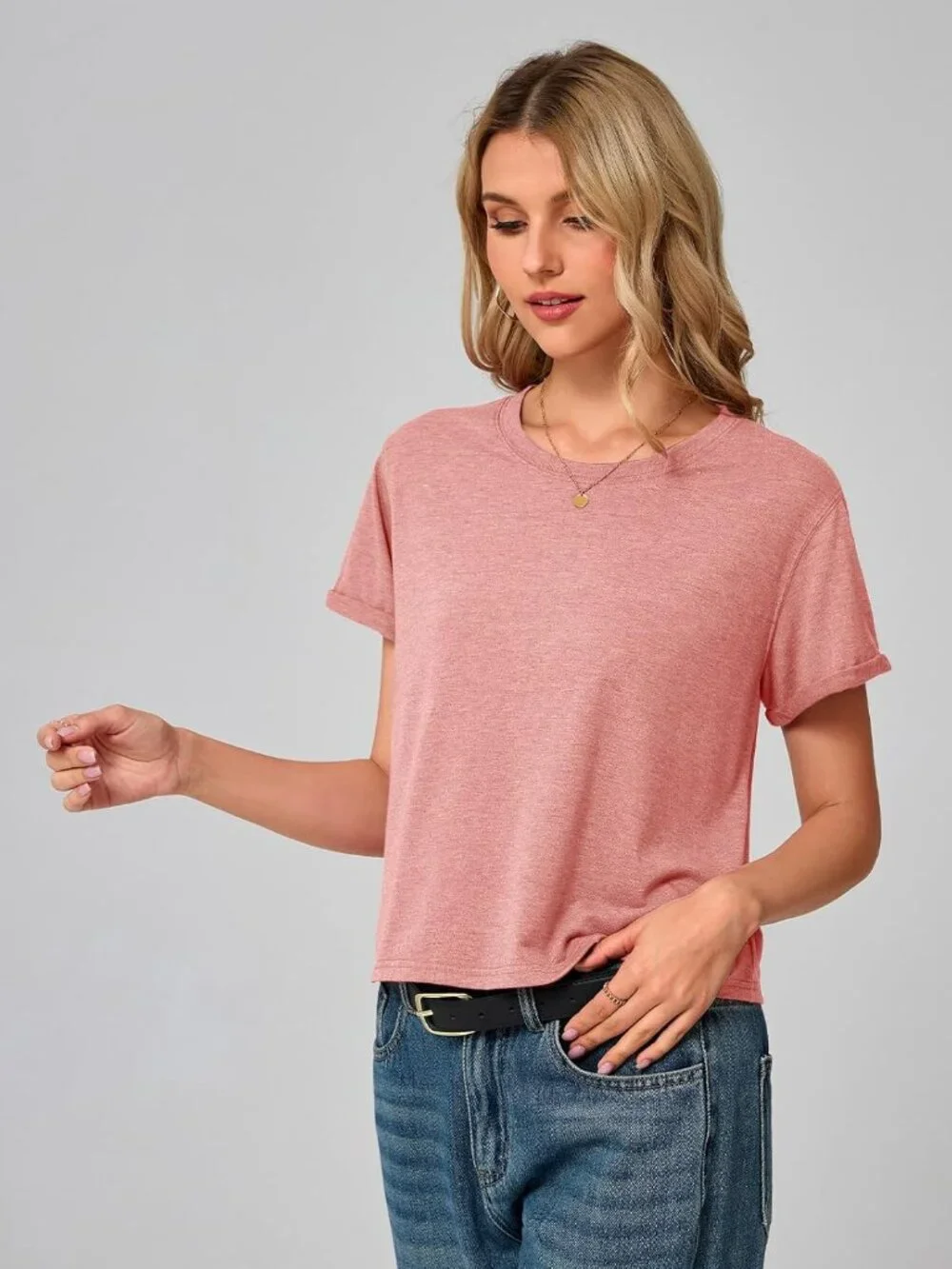 Women's Pink Summer Short Sleeve Crewneck Crop Casual and Flowy Style T Shirt - Picture 6 of 6